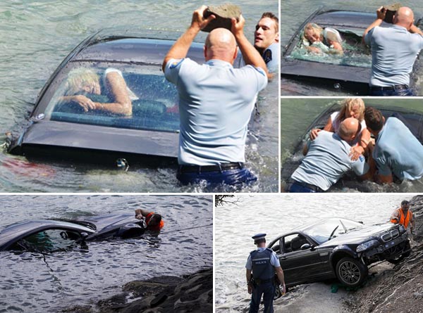 Mobil BMW Tenggelam, Polisi Lempar Batu Selamatkan Korban 